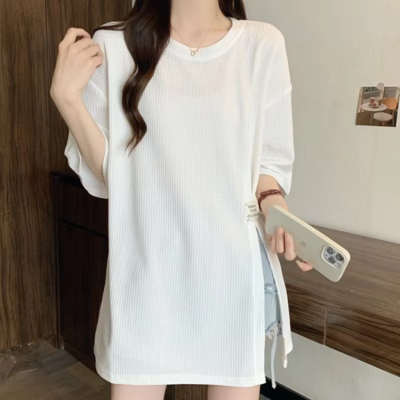 Style paresseux ample fente ourlet jeunesse hauts été à manches courtes col rond simplicité rue décontracté t-shirts mode coréenne femmes vêtements
