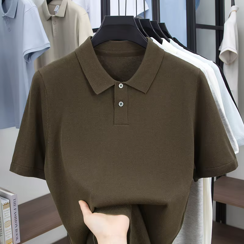Polo en tricot de lin respirant de haute qualité 2026 – Hauts simples en maille unie pour hommes – Chemises pull en lyocell à manches courtes pour l'été