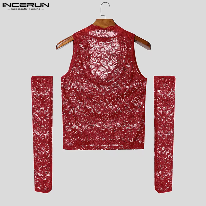 INCERUN hommes débardeurs dentelle voir à travers col en V sans manches avec manches hommes gilets Sexy Streetwear fête mode unisexe hauts S-3XL