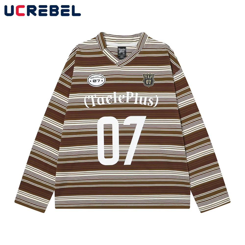T-shirt à manches longues et col en V rayé pour hommes
