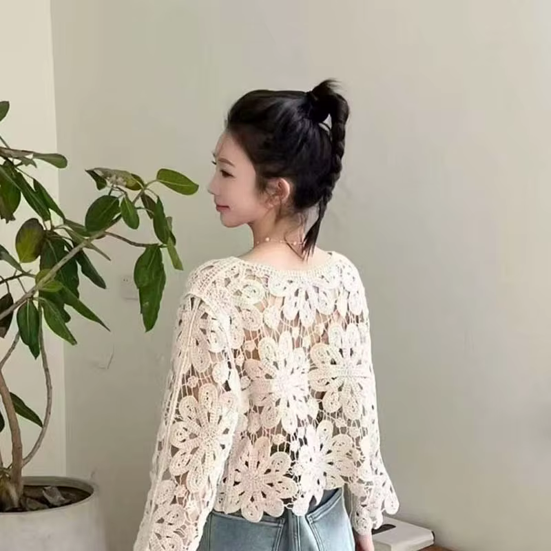 Boring Honey bord de mer vacances mode haut ample mince creux pull au crochet été tout-Match Cardigan à manches longues