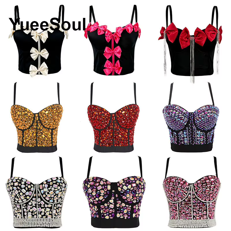 Hauts courts noirs 2025, nouveau Y2K gothique, fête de mariage, Club, rue, décontracté, Sexy, débardeur, perles, paillettes, Corset, vêtements pour femmes