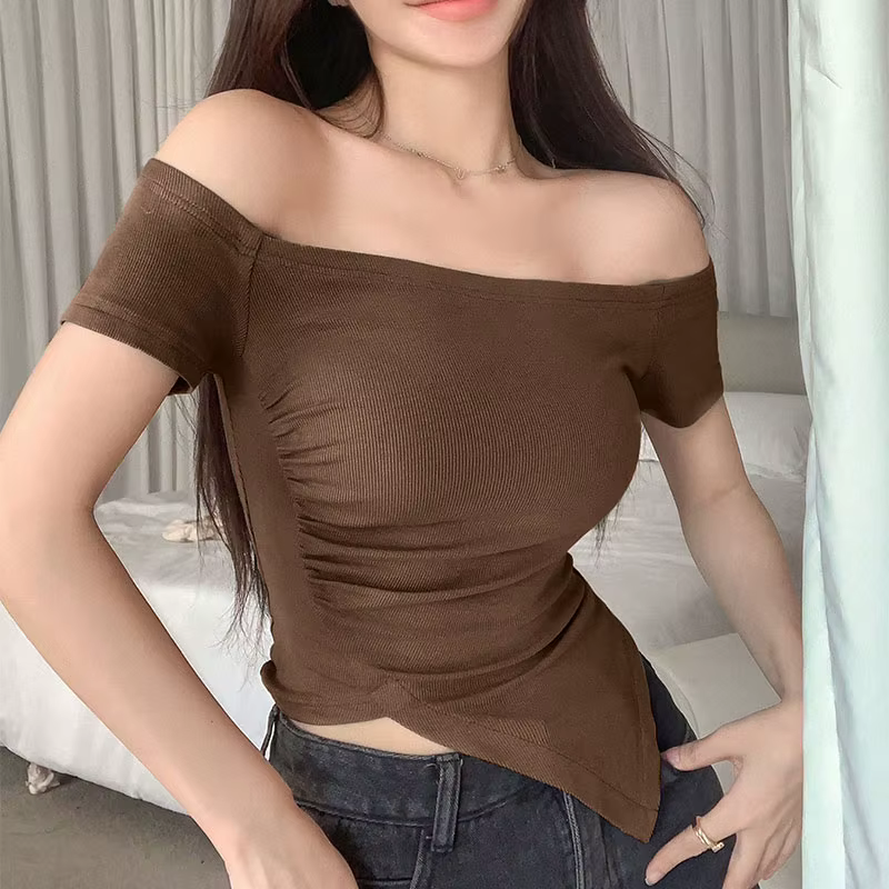 Mode T-shirt asymétrique femmes automne Streetwear manches longues décontracté mince t-shirts solide Sexy femme
