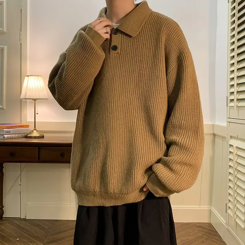 Japonais paresseux Style Polo col pull hommes rétro café surdimensionné tricoté