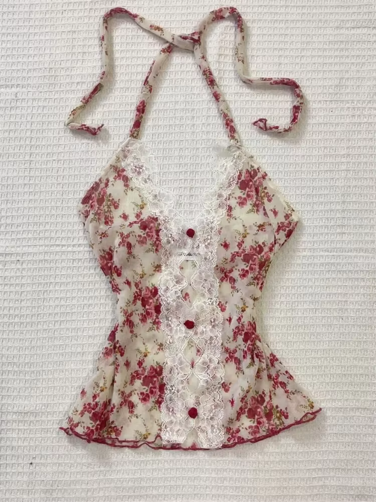 2025 été femme Floral licou dentelle Blouse 2025 Vintage Sexy Slim Fit fée mode coréenne