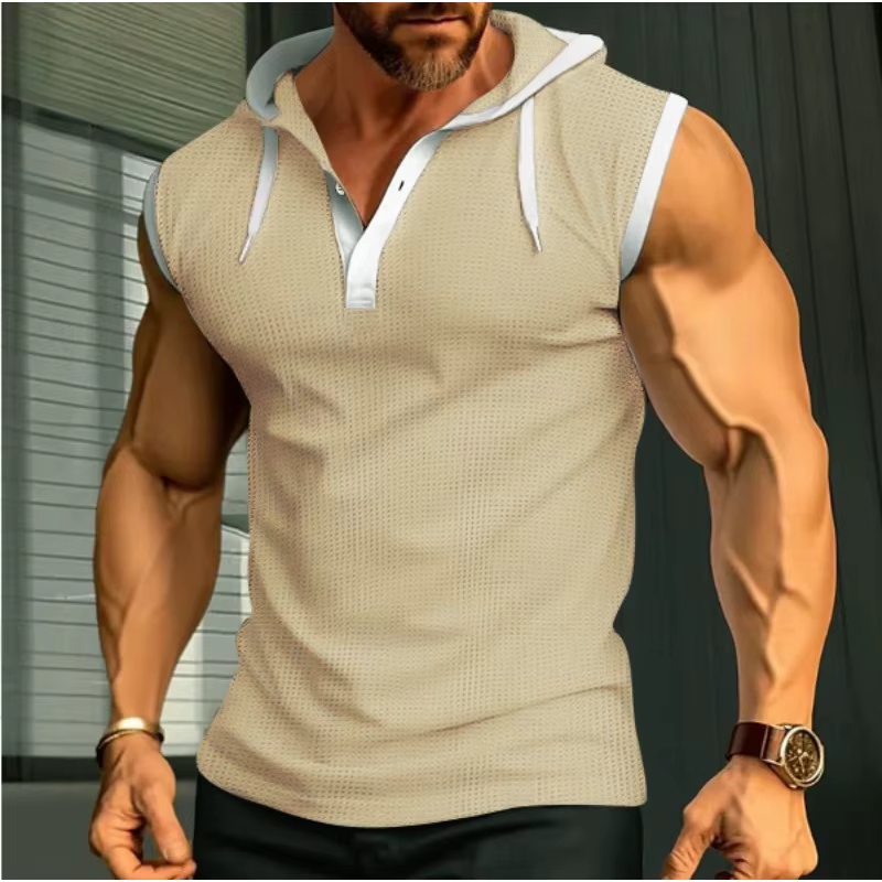 Polo sans manches à capuche pour homme, séchage rapide, en mesh, pour la gym