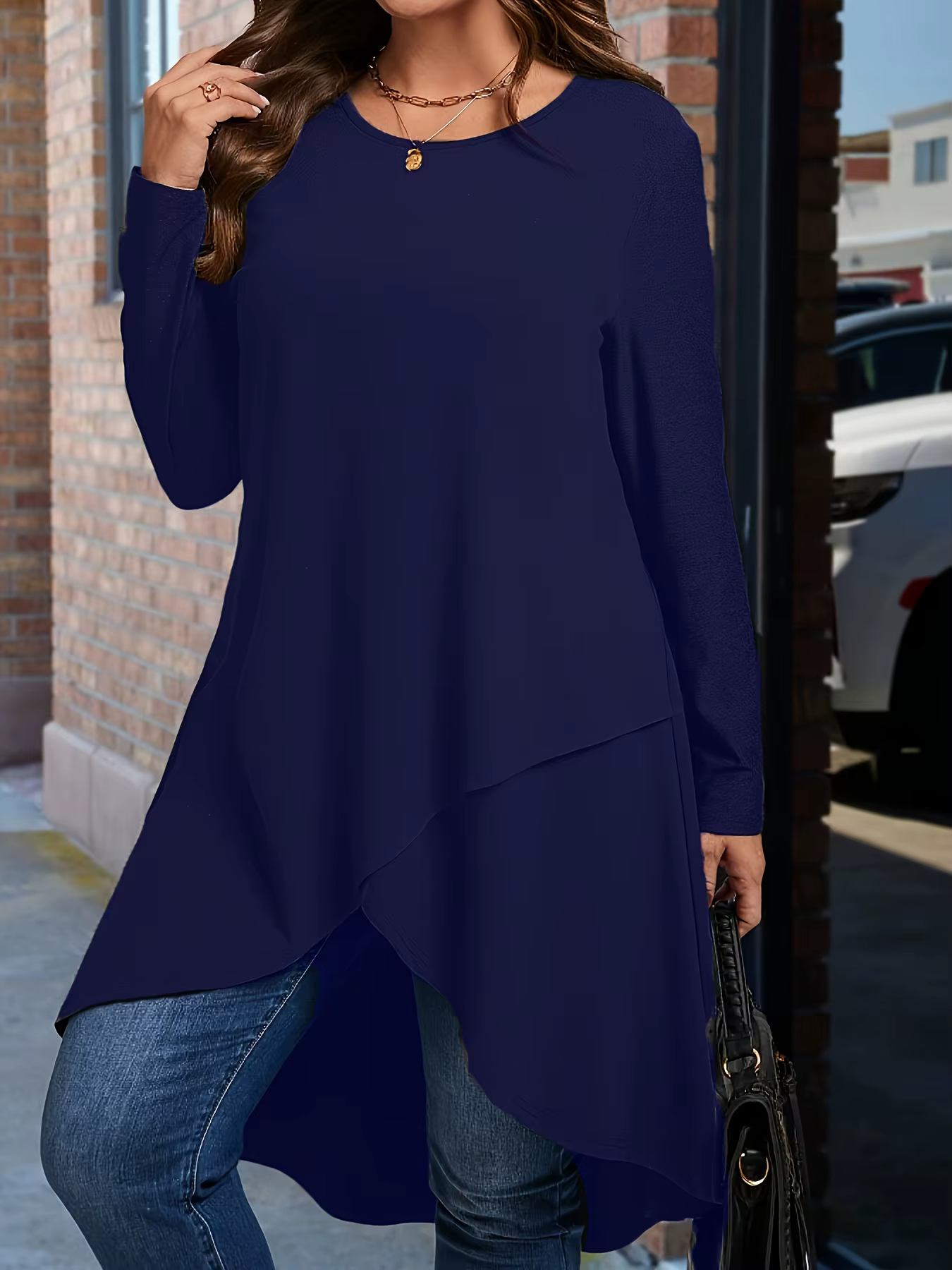 Grande taille femmes élégant ourlet asymétrique à manches longues T-Shirt col rond haut décontracté couleur unie toutes saisons vêtements pull