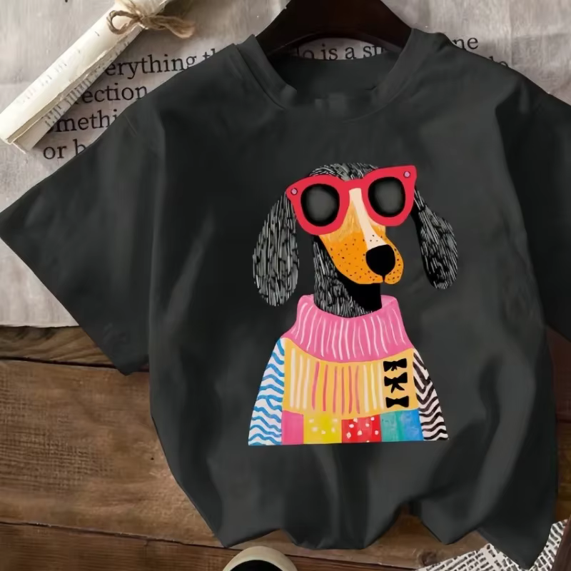 T-shirt à manches courtes imprimé avec dessin animé de chien