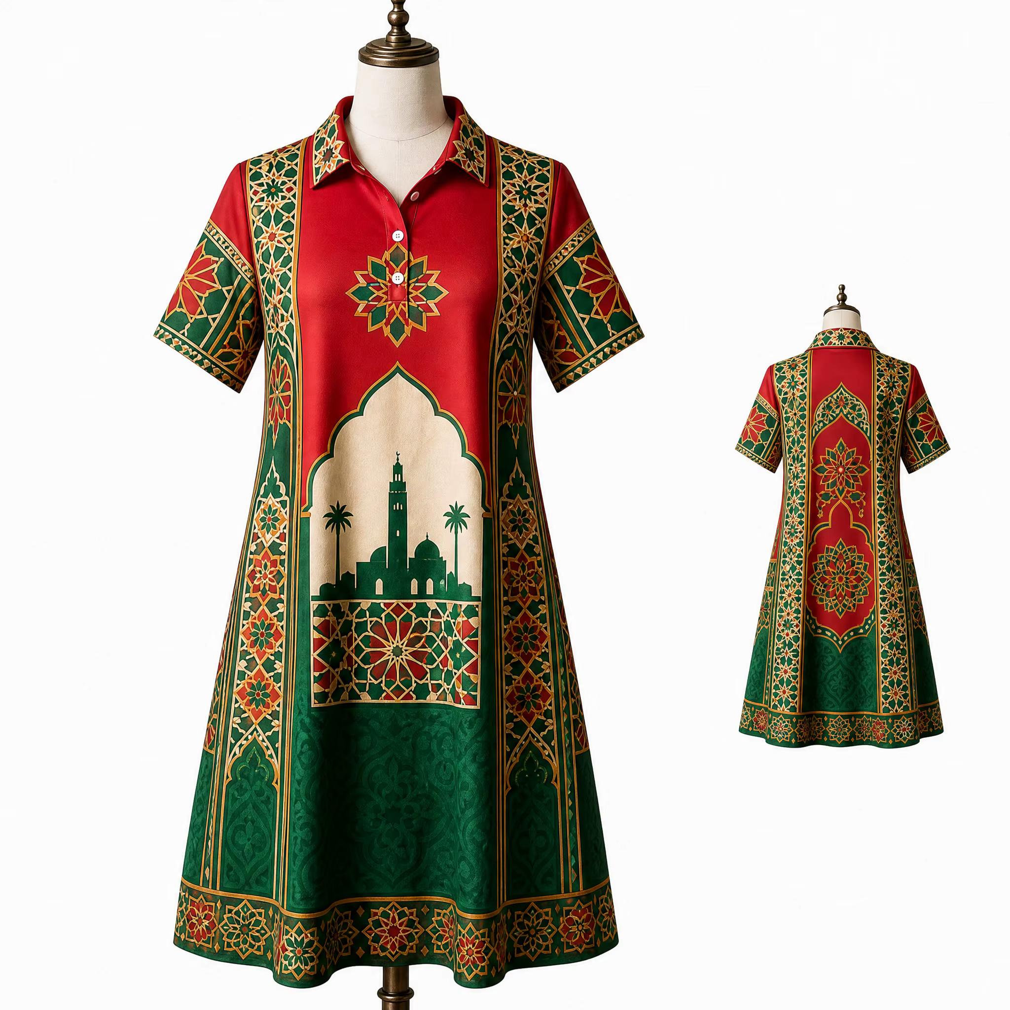 Robe Polo Femme Marocaine Rouge Vert Imprimé Carte Étoiles Manches Courtes Décontractée Coupe Évasée Été Voyage Quotidien Mode Élégante Héritage