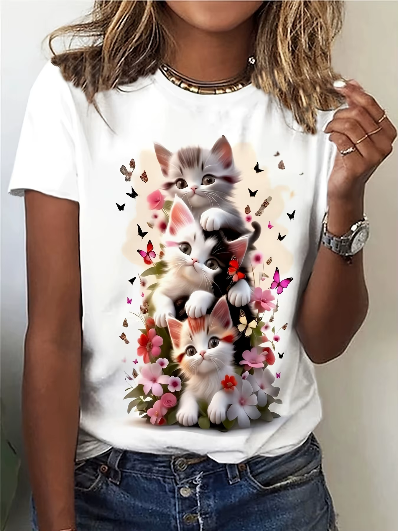 T-Shirt imprimé chat mignon pour femmes