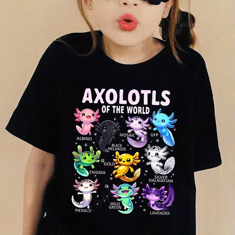 Dessin animé coloré Axolotls graphique impression 3D T-Shirt été décontracté confortable filles vêtements 2-10Y