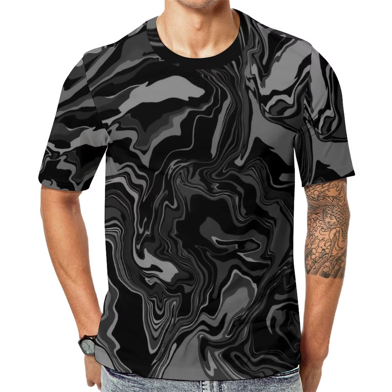 T-shirt noir à manches courtes et col rond pour homme