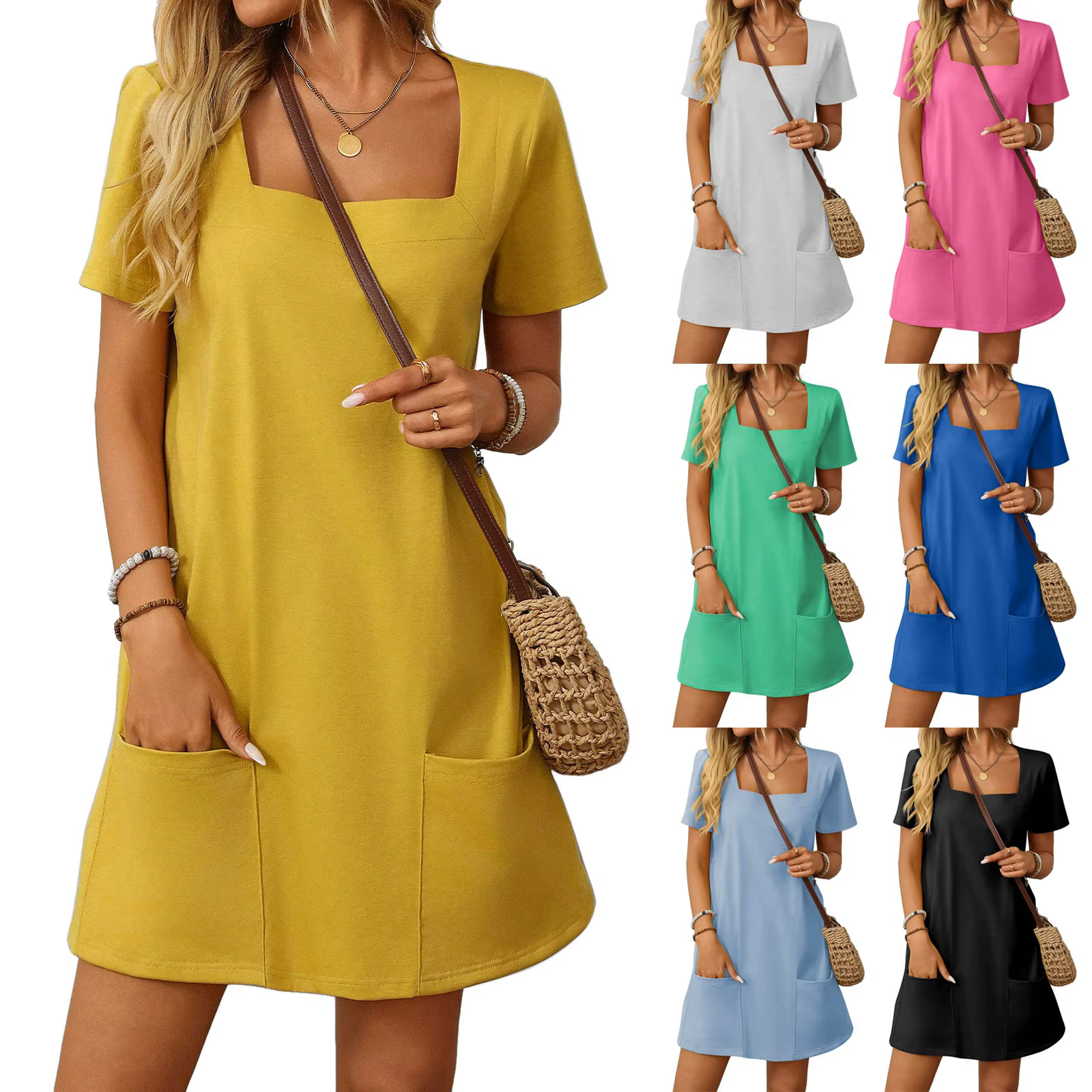 Femmes col carré t-shirt robes nouvelle mode d'été à manches courtes coton chemise Mini robe poche décontracté