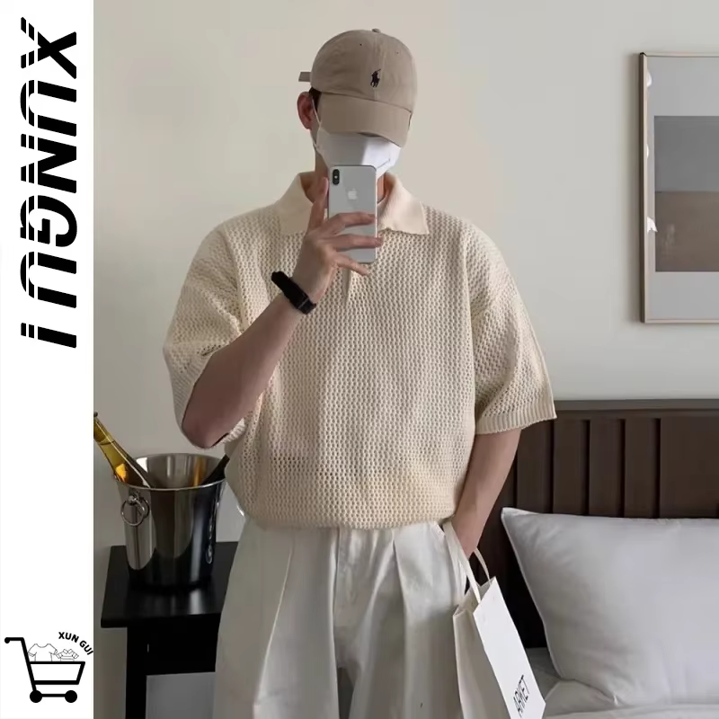 Polo tricoté beige pour homme