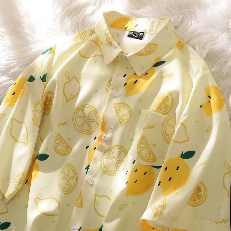 Plage demi manches chemise hommes été nouveau japonais rétro décontracté ample citron imprimé revers manteaux populaire polyvalent femmes mince hauts
