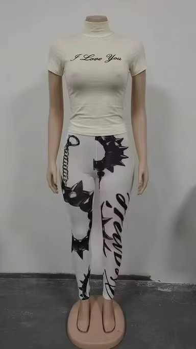 Ensemble 2 Pièces Élégant pour Femme : Haut à Col Roulé à Manches Courtes Imprimé Lettres et Legging Taille Haute – Streetwear Sexy Y2K Clubwear 2026