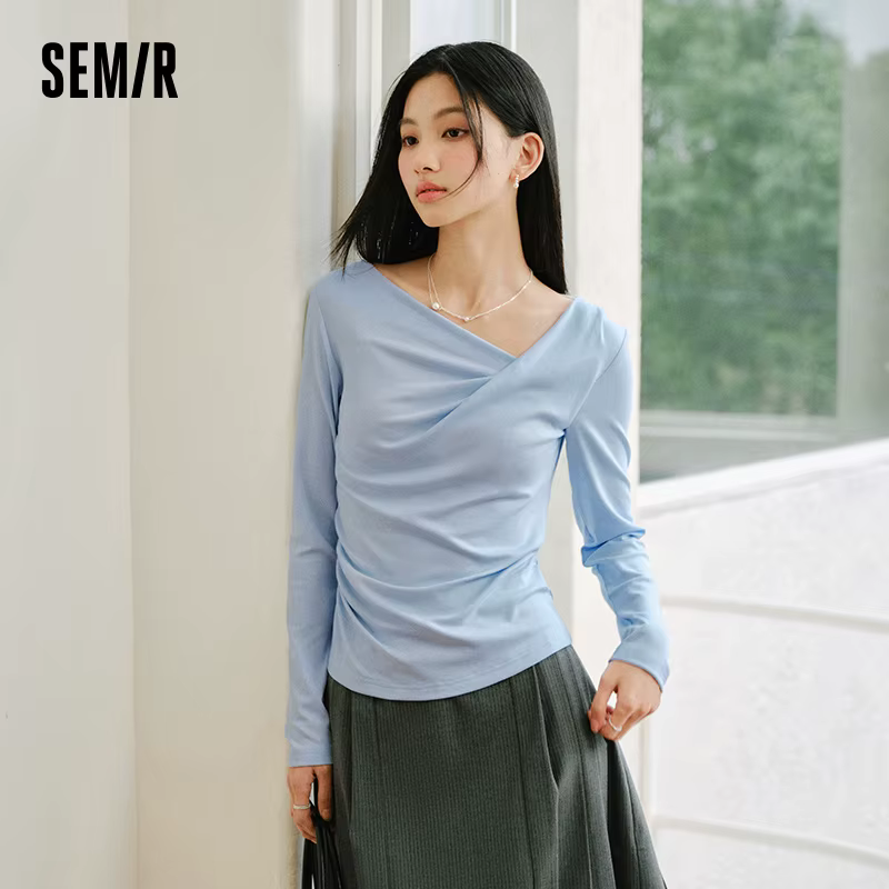 T-shirt Slim Fit Femme Semir Printemps 2026 Col Asymétrique Épaule Oblique Couleur Unie Décontracté Tendance Élégant