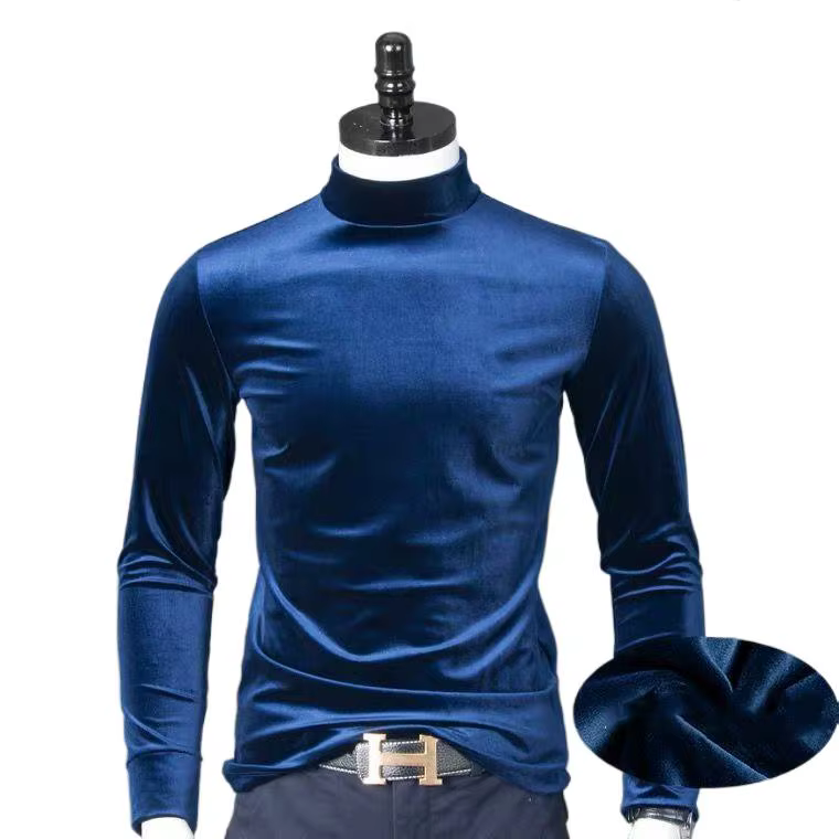 T-shirts en velours à col roulé pour hommes, manches longues, couleur unie, collection Printemps-Automne 2026, T-shirts en velours, grandes tailles, chemise basique M-7XL