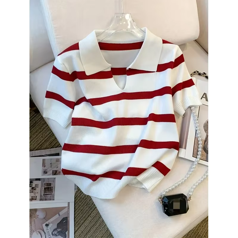 Nouveau pull à col rayé 2026 – Haut court tricoté polyvalent à manches courtes pour femme