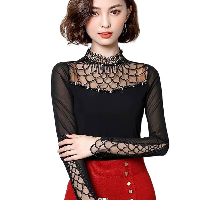 Chemise à manches longues pour femmes, chemisier tendance, chemisier à découpes en dentelle, haut élégant, patchwork fin