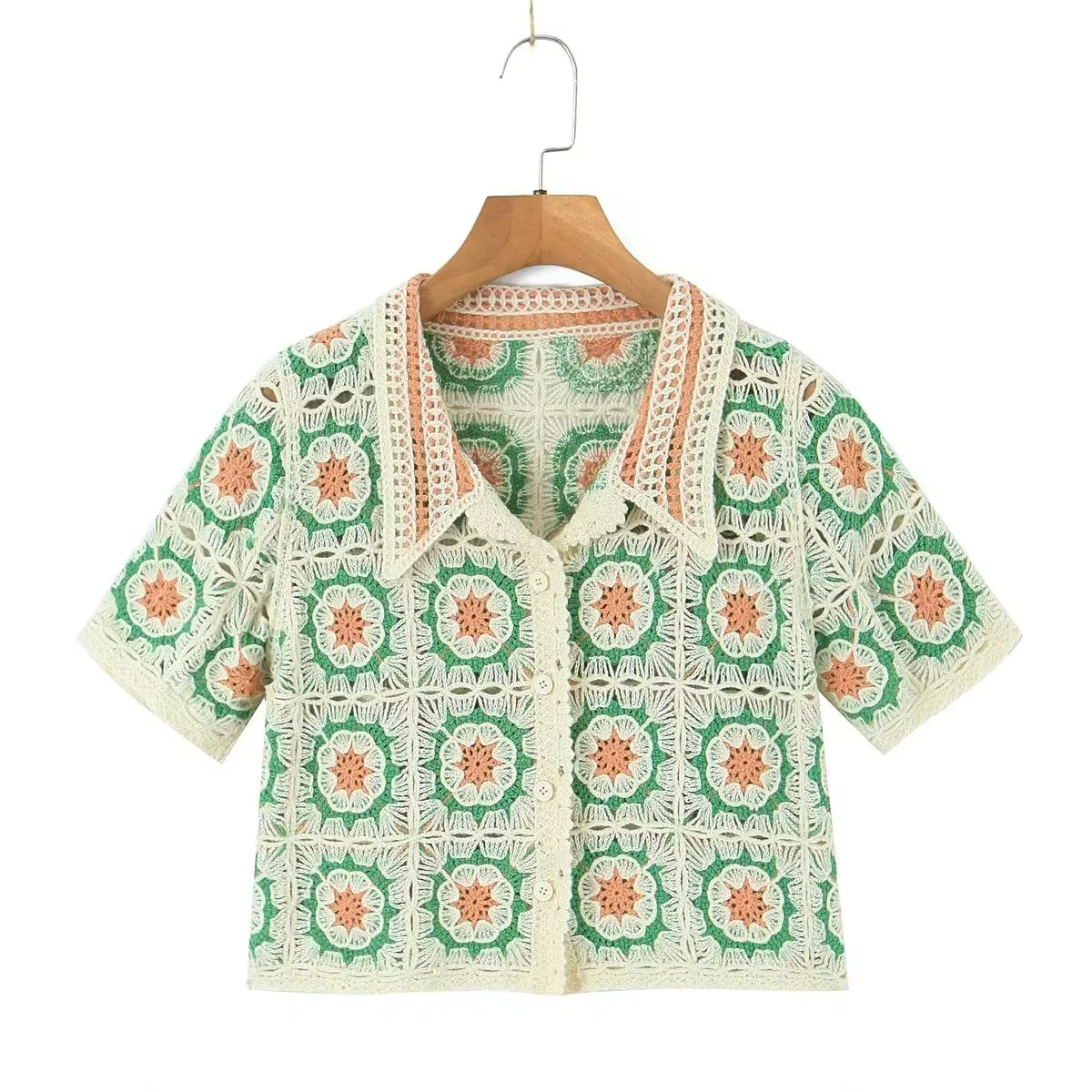 Vintage Crochet tricoté culture hauts Blouse chemises pour femmes décontracté à manches courtes évider chemise été Boho plage Plaid Blusas
