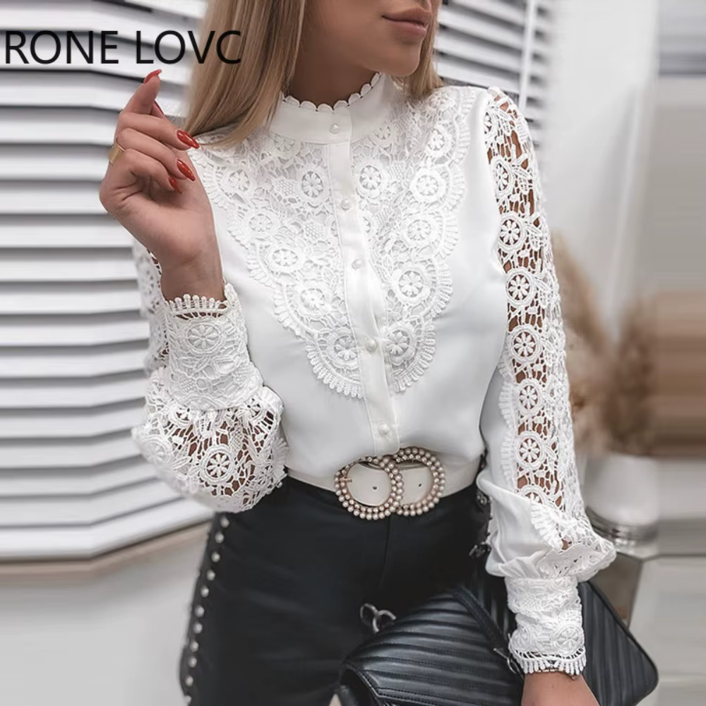 Chemisier évidé en dentelle blanche élégante pour femmes, chemises à manches longues, haut en maille avec boutons, vêtements vintage pour dames, Y2K, printemps et automne 2024