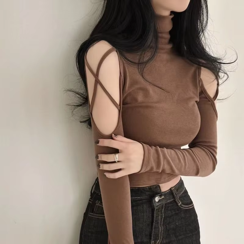 Hauts femme mince épaules dénudées Sexy culture marron à manches longues t-shirt pour femmes col roulé vêtements