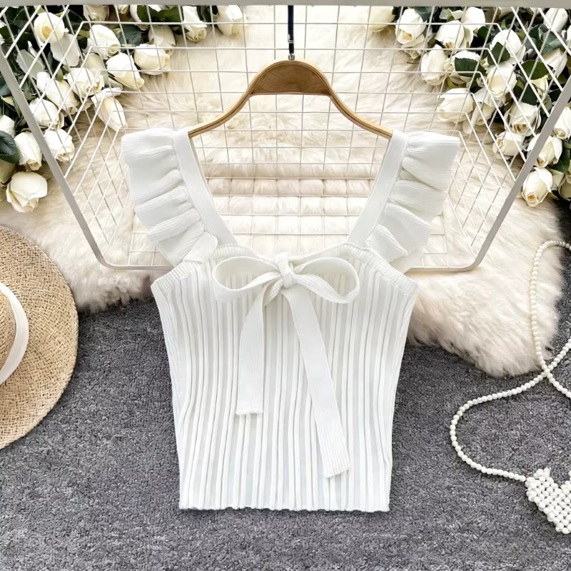 Nouvelle collection été 2026 – Haut court chic pour femme : débardeur en maille sans manches avec nœud