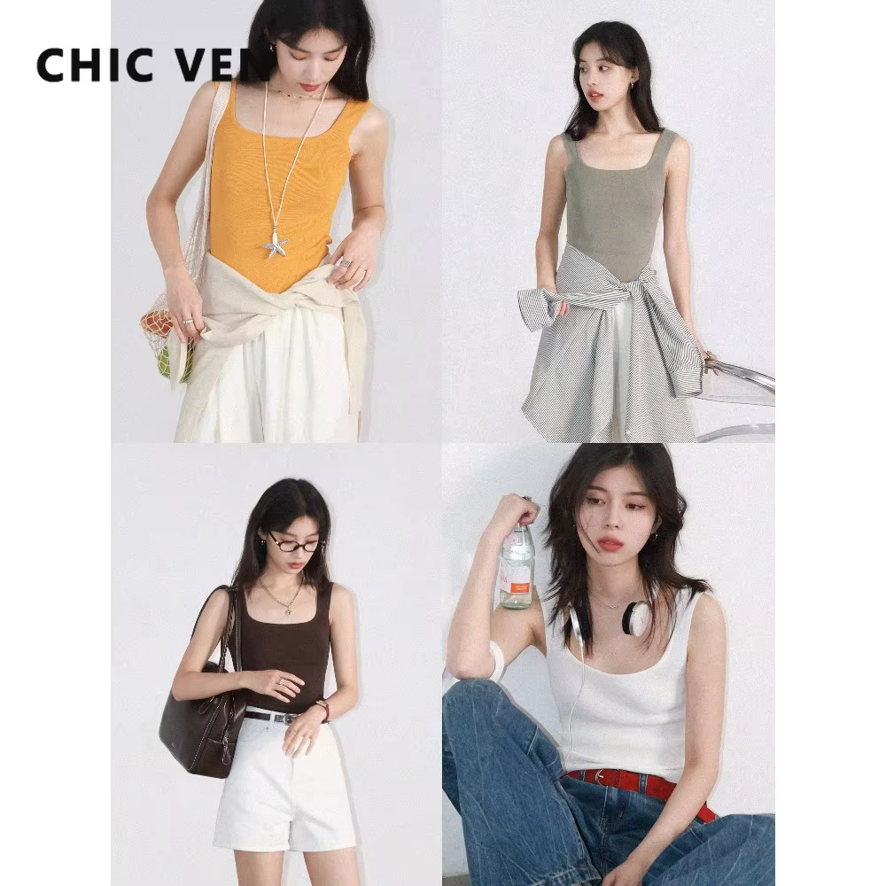 CHIC VEN femmes réservoirs solide ample décontracté nouveau col carré débardeur femme haut coupe ajustée pull Camis été 2025 vêtements
