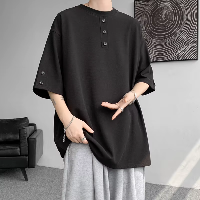 T-shirt hommes été boutons décor Hip Hop Streetwear mode T-Shirts haut surdimensionné T-Shirts hommes décontracté col rond demi manches t-shirt