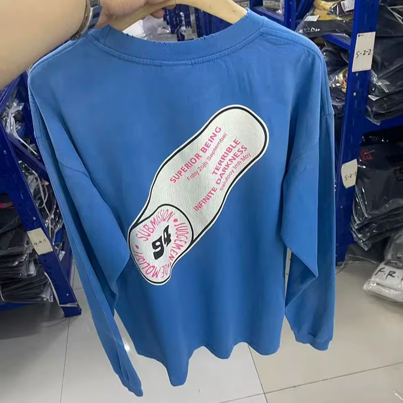 Pill Logo imprimé SAINT T-shirt à manches longues hommes femme bleu endommagé col rond décontracté Vintage ample coton printemps automne Streetwear