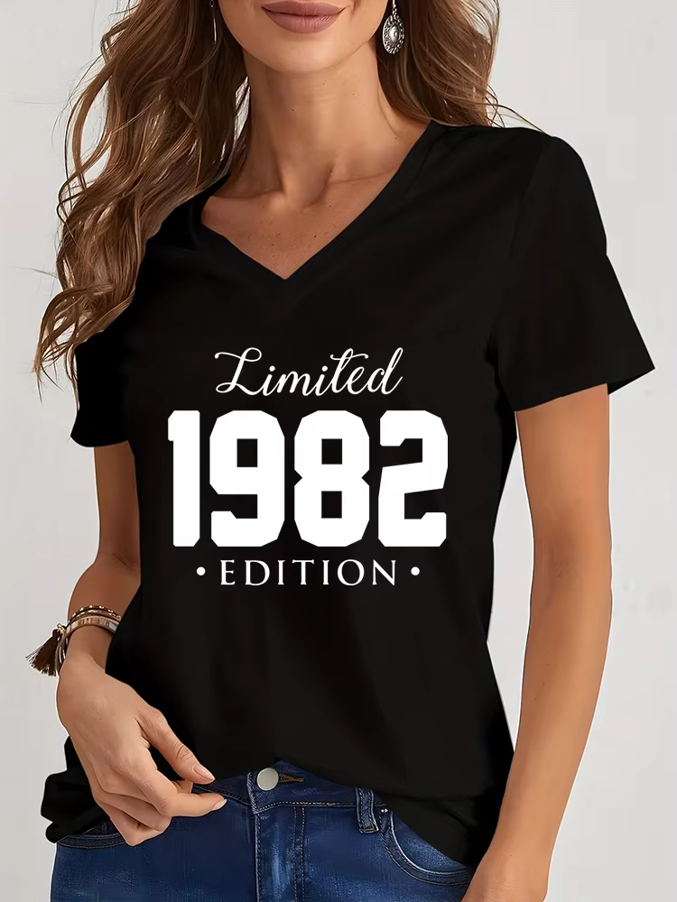 Femmes col en V t-shirt édition limitée 1984/1985 graphique t-shirt femmes anniversaire Y2k haut drôle Vintage femmes surdimensionné t-shirt