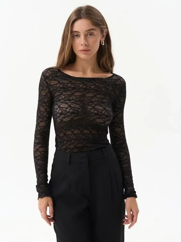T-shirt transparent en dentelle pour femmes