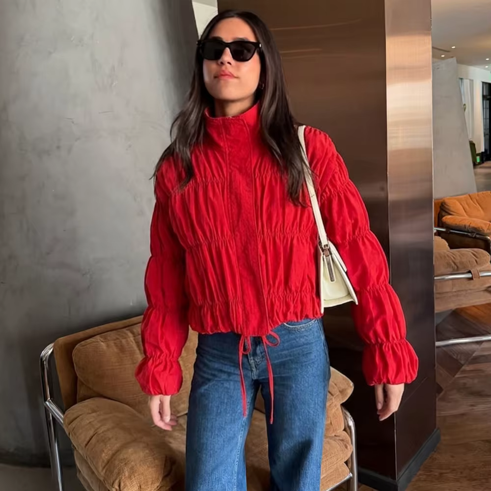 Talenza mode rouge veste femmes nouveau froncé cordon Patchwork haut décontracté Vintage surdimensionné Streetwear