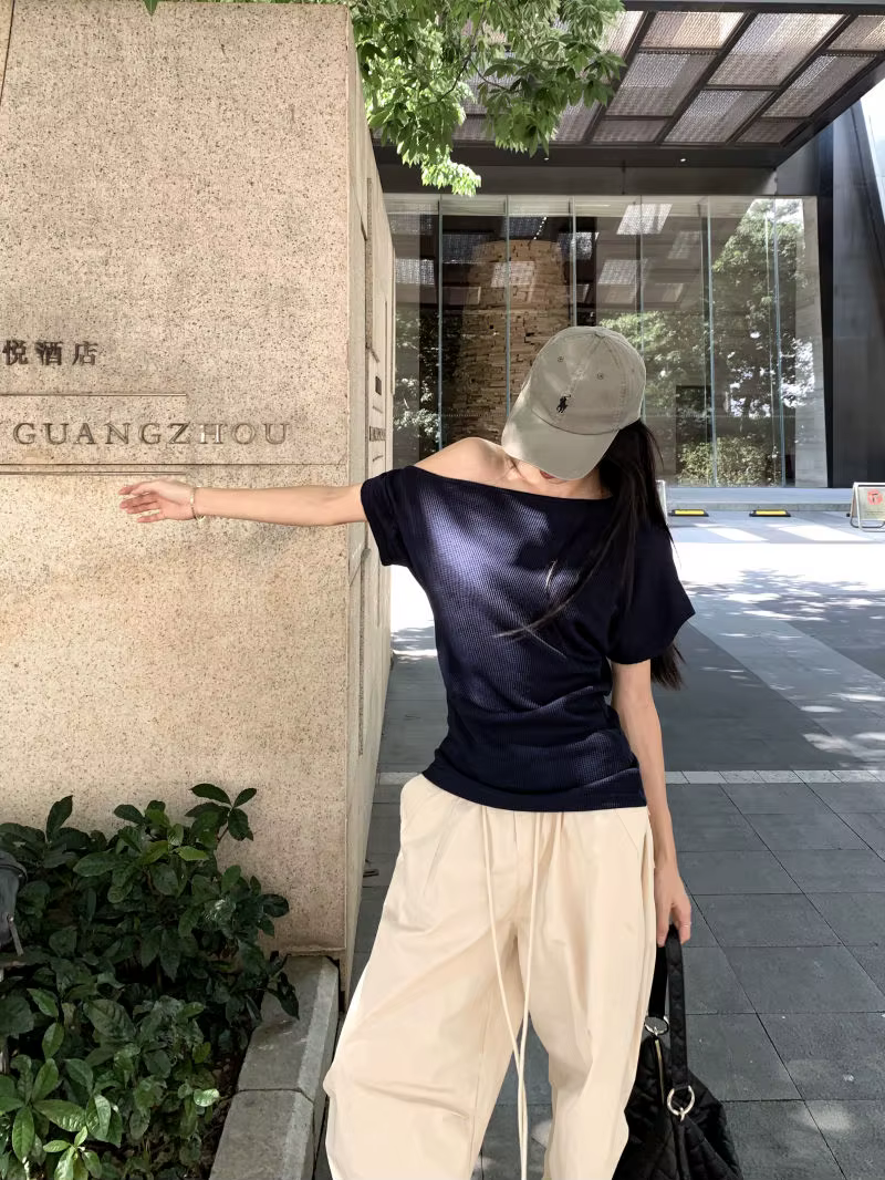 Gaufre épaules dénudées à manches courtes t-shirt femmes élégant jeunesse haut d'été coréen Chic vacances dame
