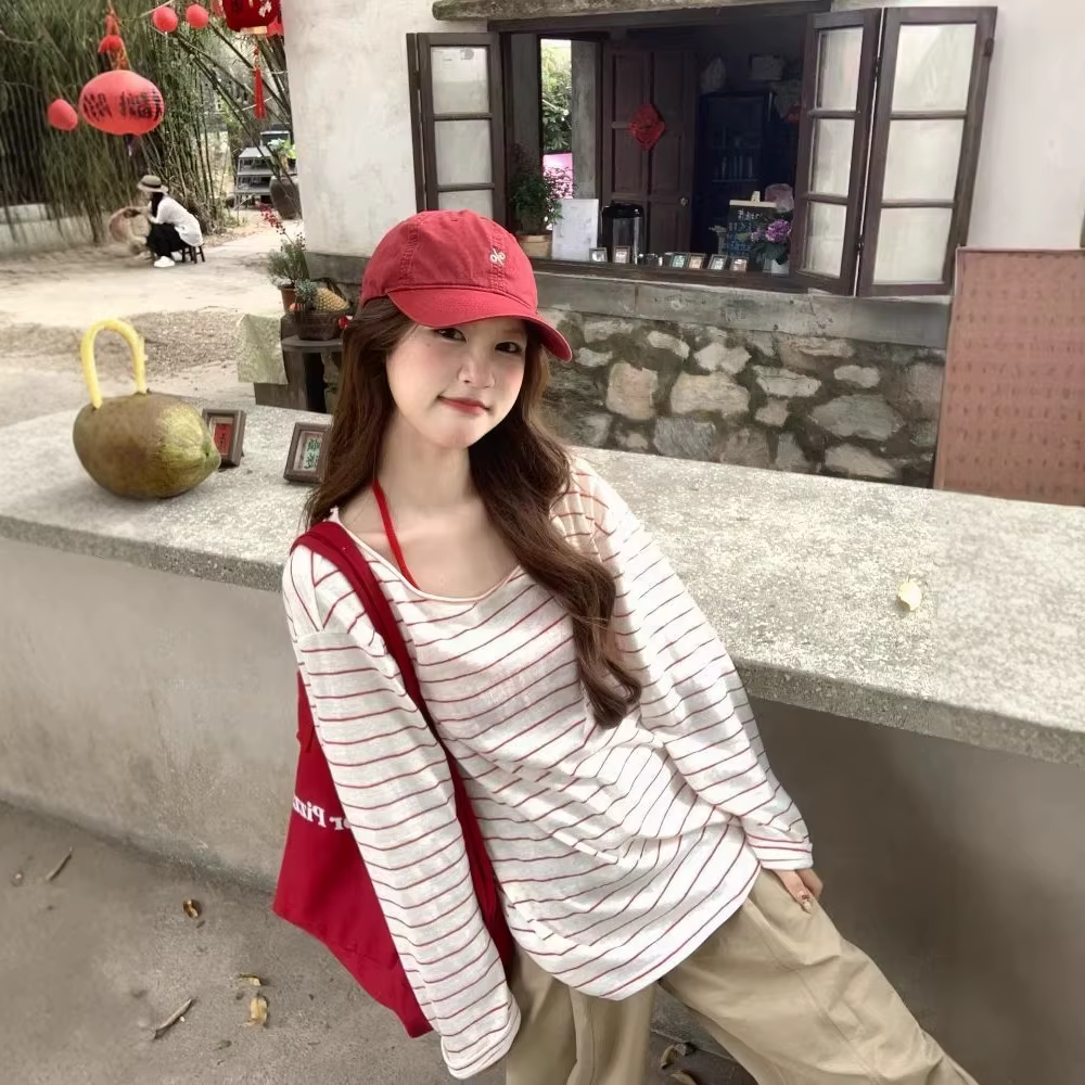 Chemisier T-shirt rayé rouge et blanc pour femme