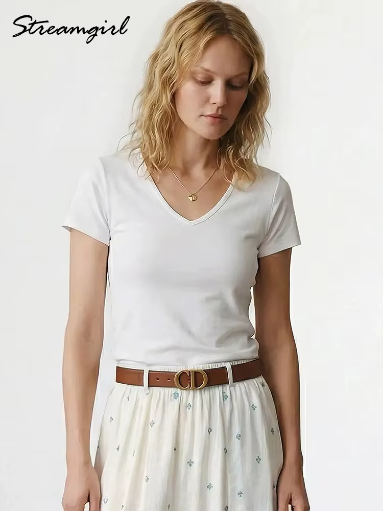 T-shirt Streamgirl d'été en modal à col en V et manches courtes pour femme