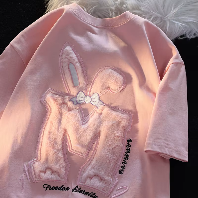 Coton flocage lapin oreille à manches courtes T-shirt femmes nouvel été polyvalent haut rose mignon flocqué