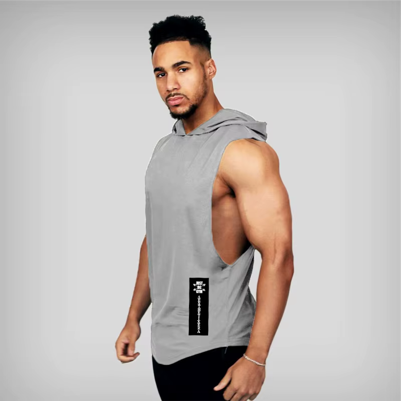 Vêtements de gymnastique à capuche été coton Fitness débardeurs côté ouvert hommes entraînement Muscles gilets musculation sans manches sweat à capuche ample