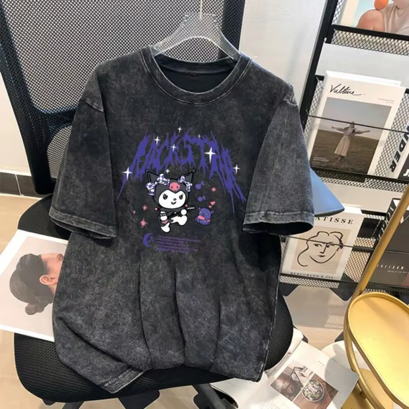T-shirt d'été Kuromi pour hommes et femmes, style rétro américain, en coton délavé, coupe ample, effet usé, manches courtes, imprimé dessin animé