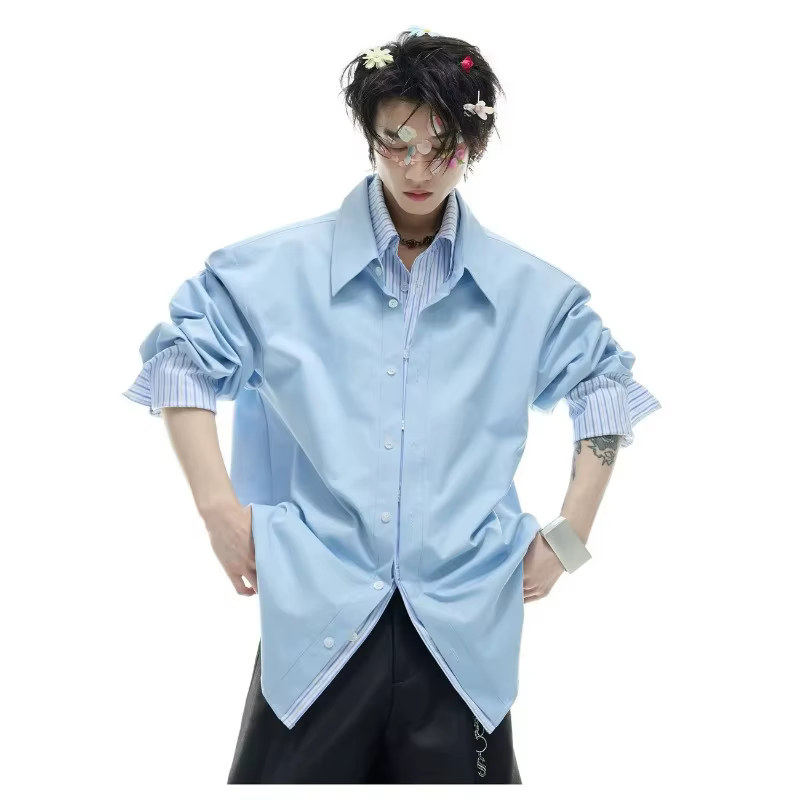 Chemise surdimensionnée pour homme avec col et poignets contrastés à rayures