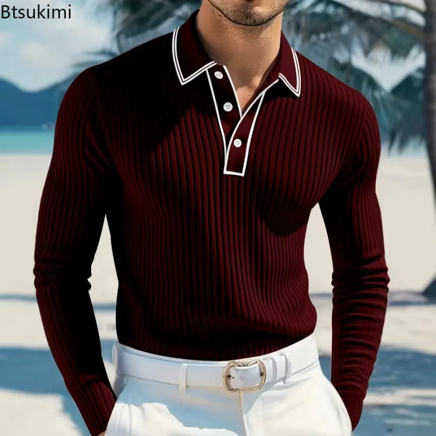 Nouveau Polo Tricoté à Manches Longues pour Homme