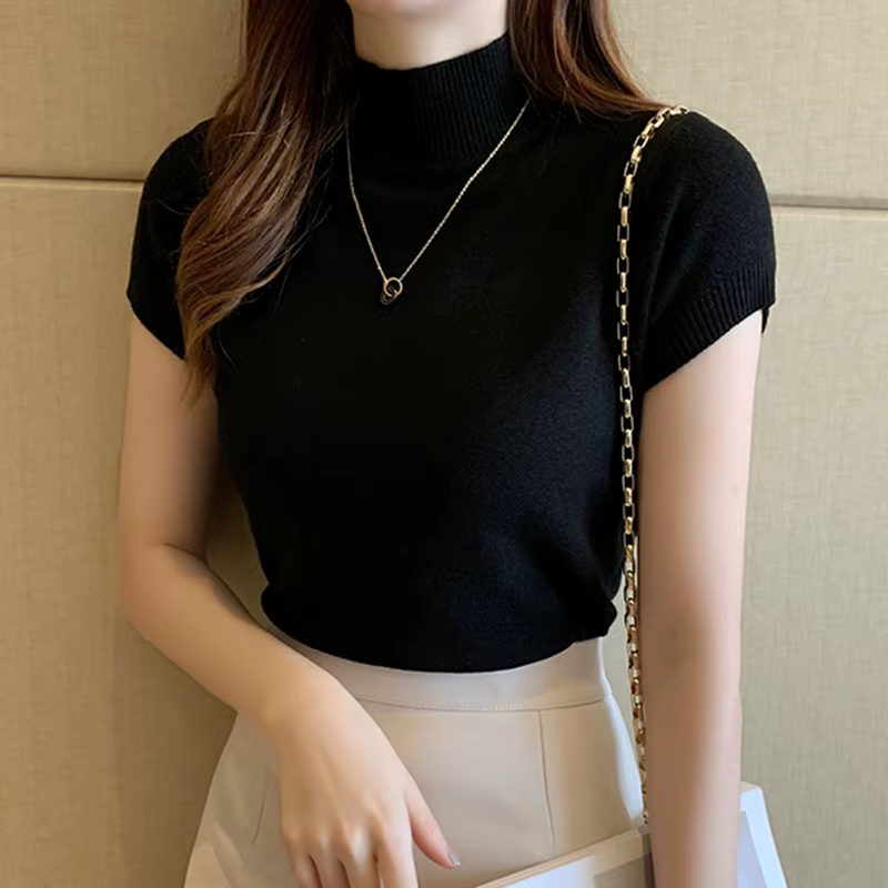 Demi col roulé mince tricoté T-shirt femmes élégant solide à manches courtes décontracté polyvalent printemps hauts