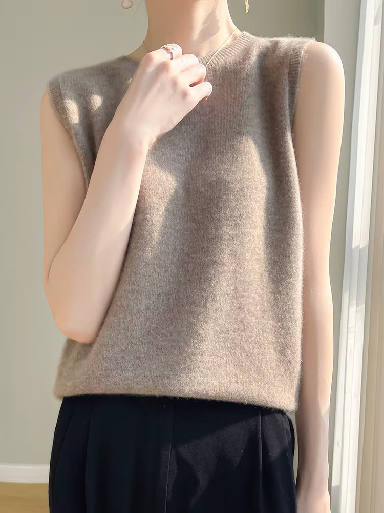 Femmes laine gilet printemps été col rond sans manches pull