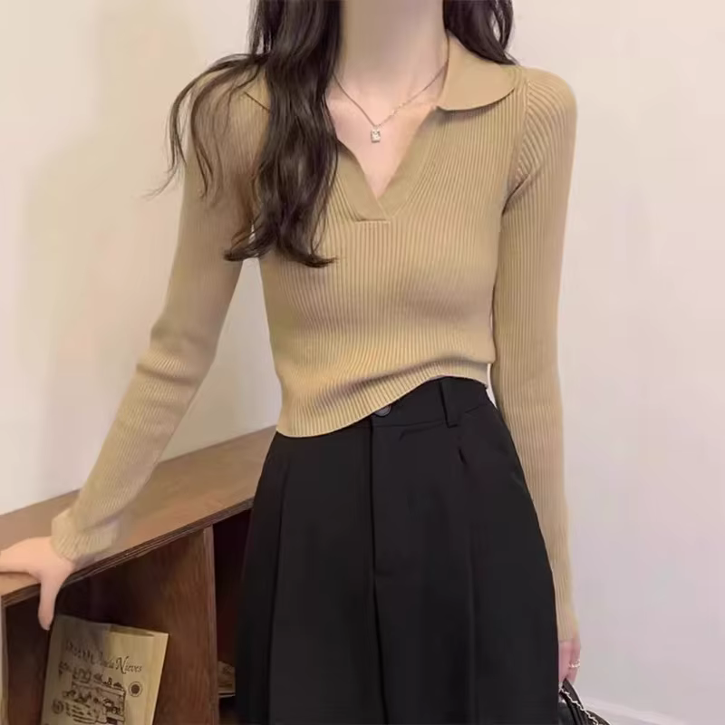 Tempérament polo revers pull à manches longues pour les femmes automne hiver coupe ajustée intérieure pure luxure style haut col en v chemise de fond