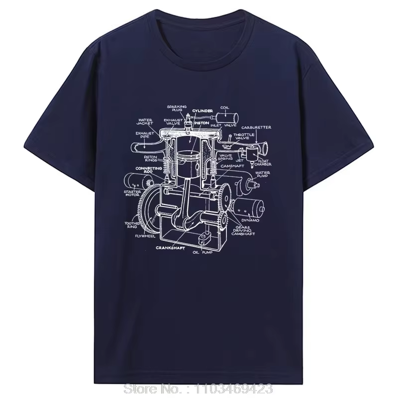 T-shirt en coton imprimé avec motif de composants de moteur de voiture pour hommes - Chemise d'été à manches courtes. Convient aux passionnés de mécanique automobile