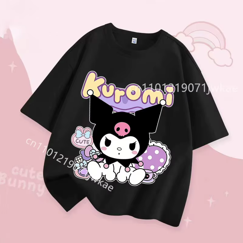 T-shirt fille Kuromi violet imprimé dessin animé, hauts pour enfants à manches courtes, vêtements d'été respirants et mignons pour bébés, cadeaux d'anniversaire