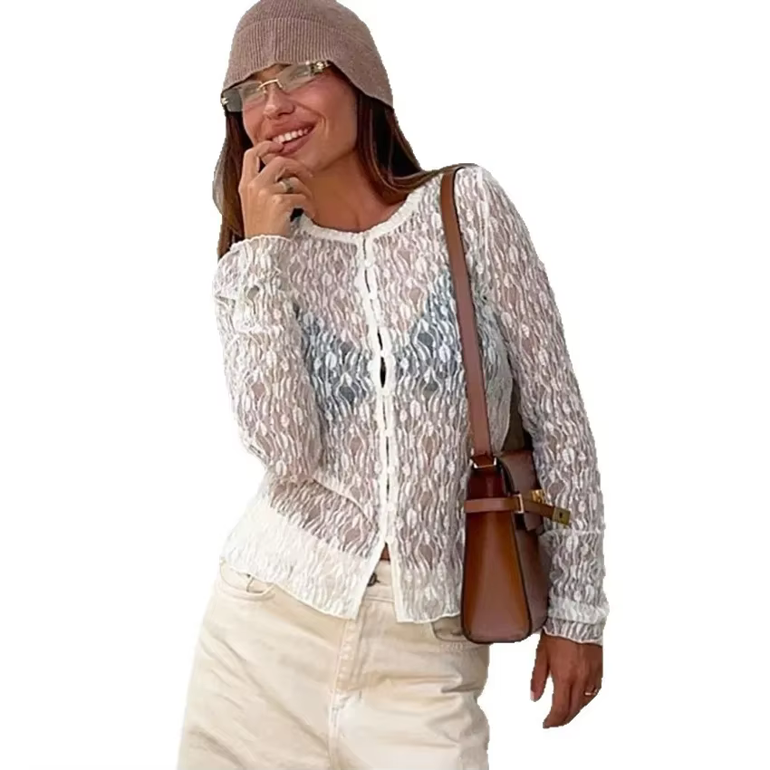 Chemisier en dentelle blanche pour femmes, transparent, manches longues, élégant, habillé, avec manchette, chemise Vintage romantique de bureau, 2025
