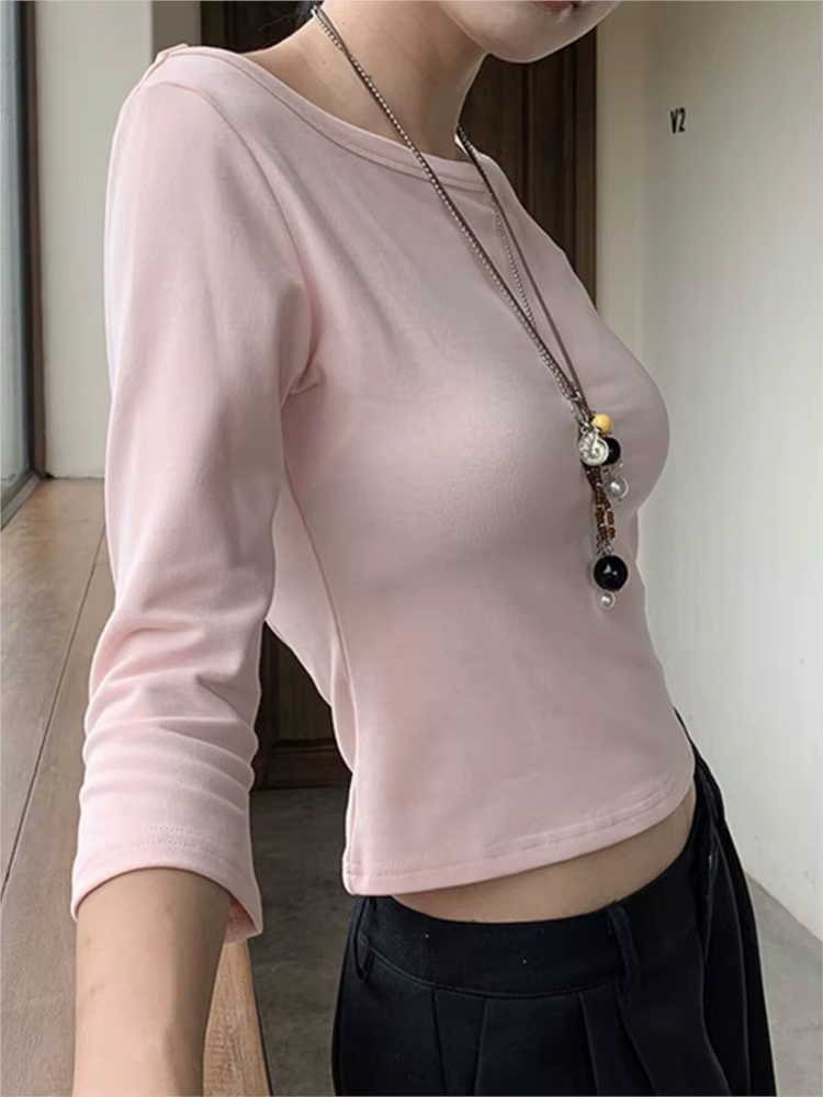 Simple trois quarts manches T-shirts femme automne solide basique Slash cou coton mince haut court