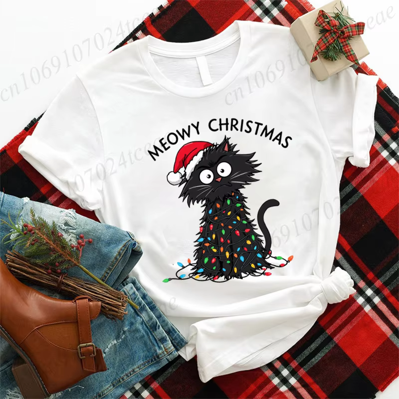 T-shirt graphique décontracté pour femmes – Imprimé de Noël Meowy